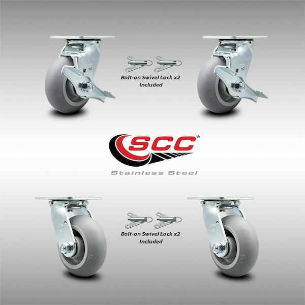 Service Caster 5 Inch SS Thermoplastic Caster Set with Roller Bearing 4 Swivel Lock 2 Brake SCC SCC-SS30S520-TPRRD-TLB-BSL-2-BSL-2 - main